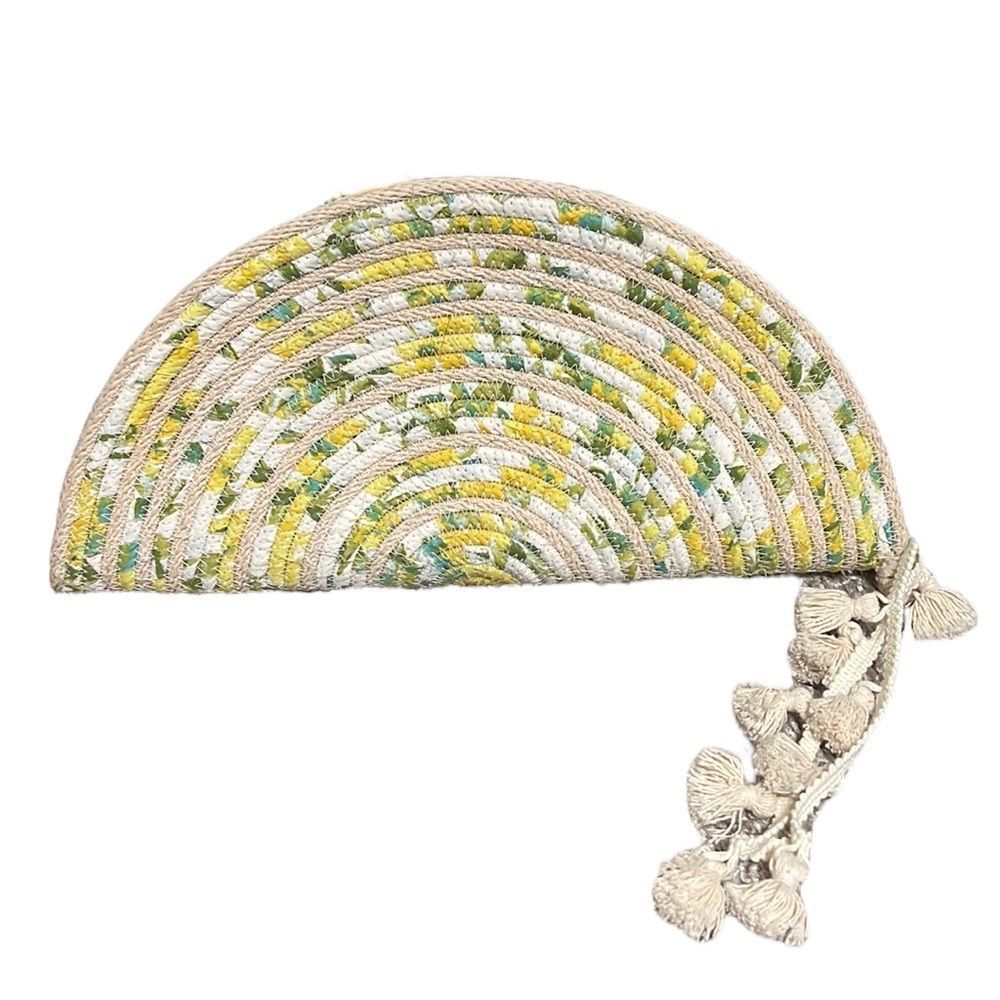Sewcialite Clutch Handmade Yellow Green Woven Rope Half Moon Tasseled Coastal